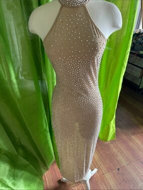 Beige Rhinestone Halter Bodycon Dress
